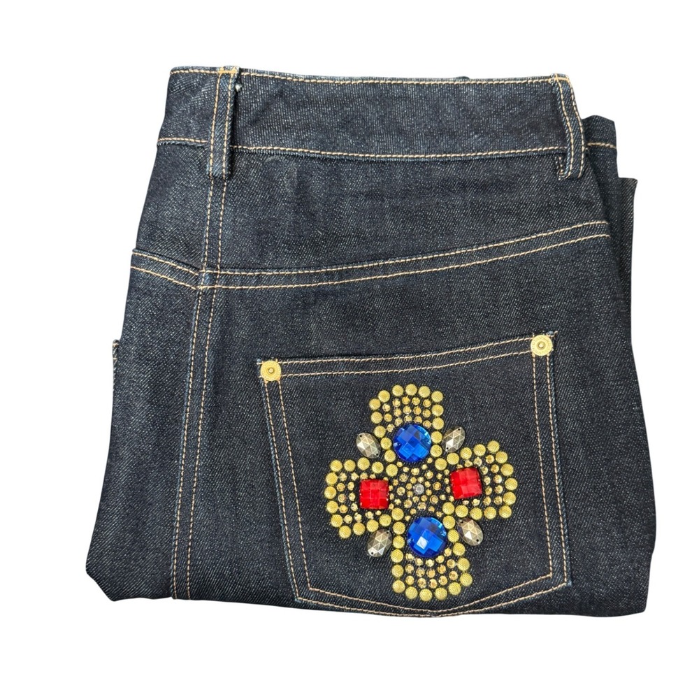 St. John Jeans‎ Dark Indigo Straight Leg Jeweled Embellished Back Pocket Denim